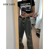 NEW LAKE美式vibe裤子高街ins国潮宽松阔腿欧美hiphop高腰破洞牛仔裤女夏