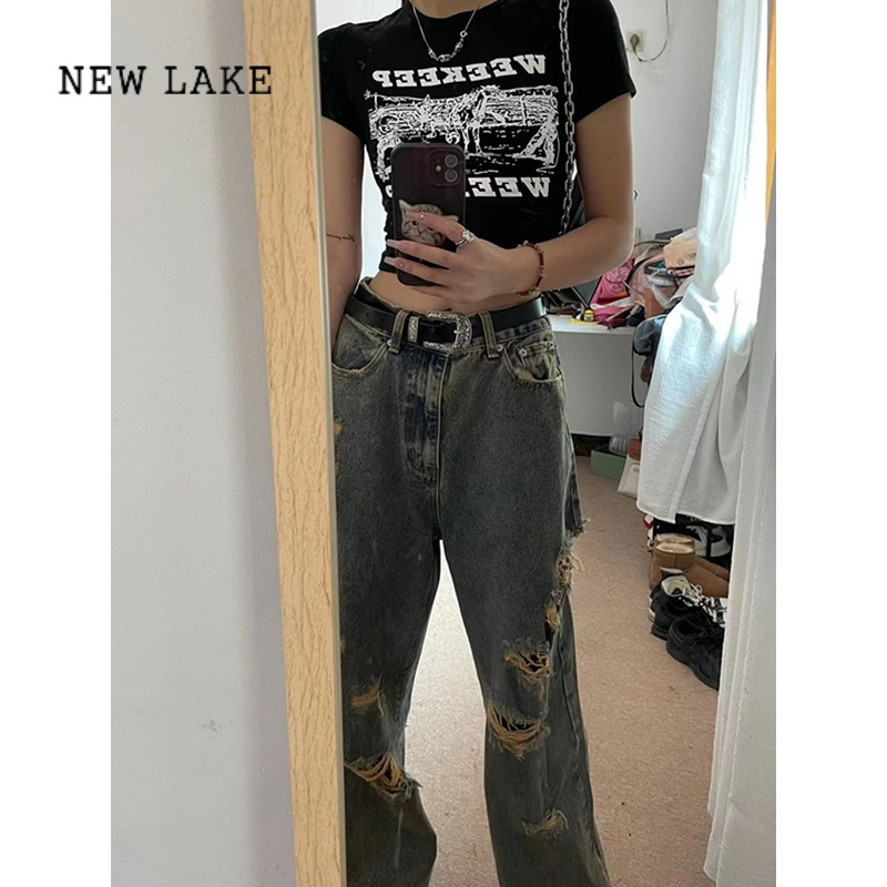 NEW LAKE美式vibe裤子高街ins国潮宽松阔腿欧美hiphop高腰破洞牛仔裤女夏