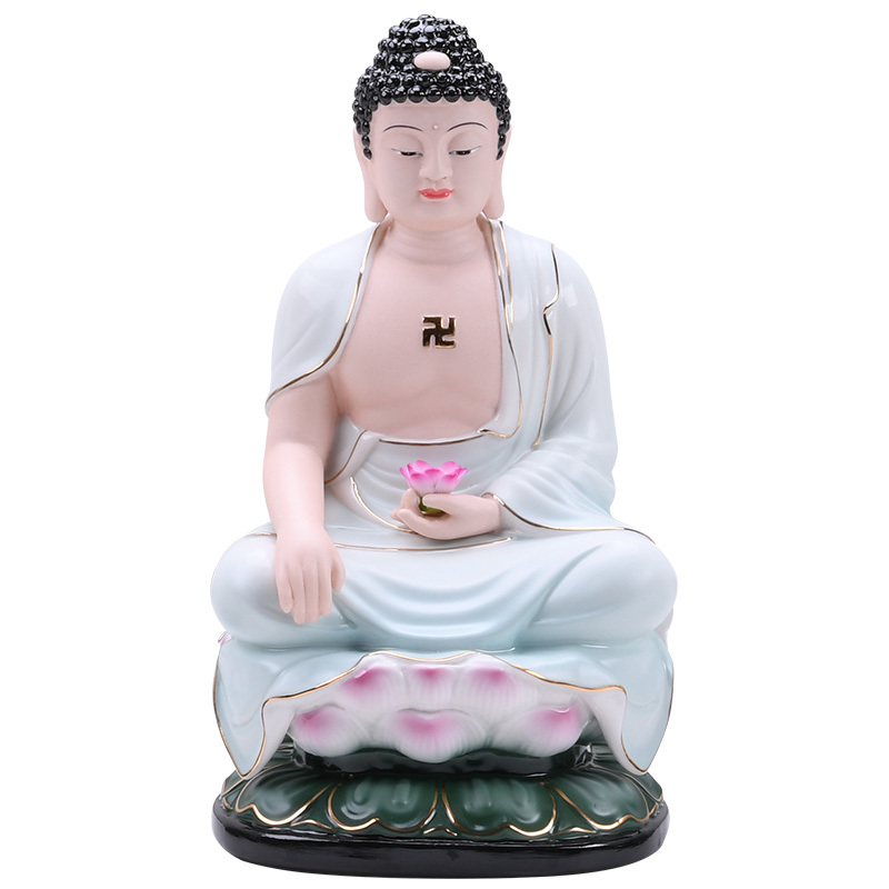 陶瓷坐莲观音佛像娑婆三圣摆件 家用供奉地藏王阿弥陀佛如来 三维工匠 白瓷观世音10寸