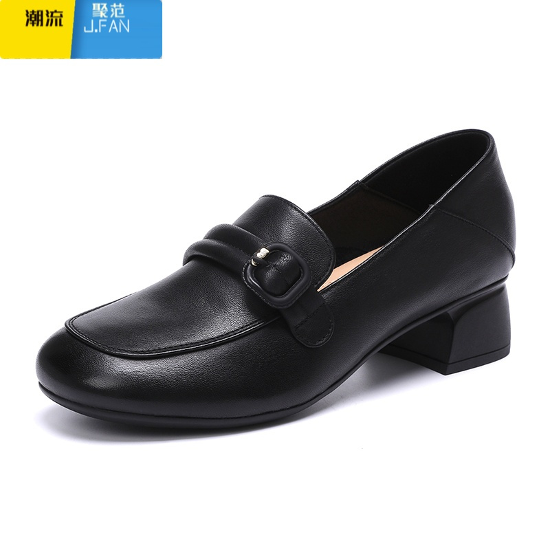 聚范软皮软底单鞋2024新款百搭中跟皮鞋女款妈妈鞋大码乐福鞋