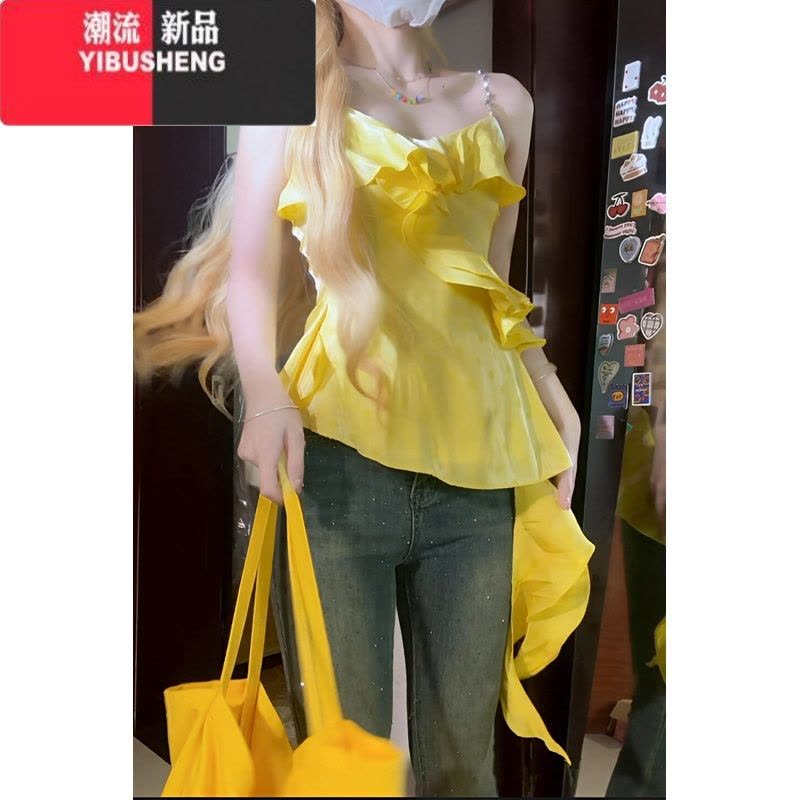 YIBUSHENG不规则小众复古荷叶边无袖背心吊带连衣裙女温柔风气质仙女短裙子图片