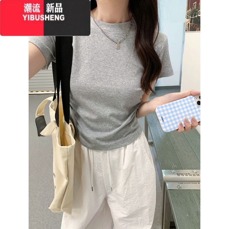 YIBUSHENG正肩t恤女短袖季修身显瘦又甜又辣纯欲不规则褶皱短款小衫上衣高清大图