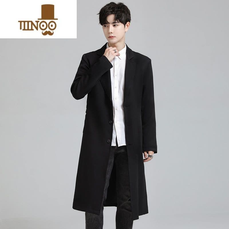 YANXU新款秋季男士中长款西服领修身风衣男装韩版休闲长款过膝大衣外套图片