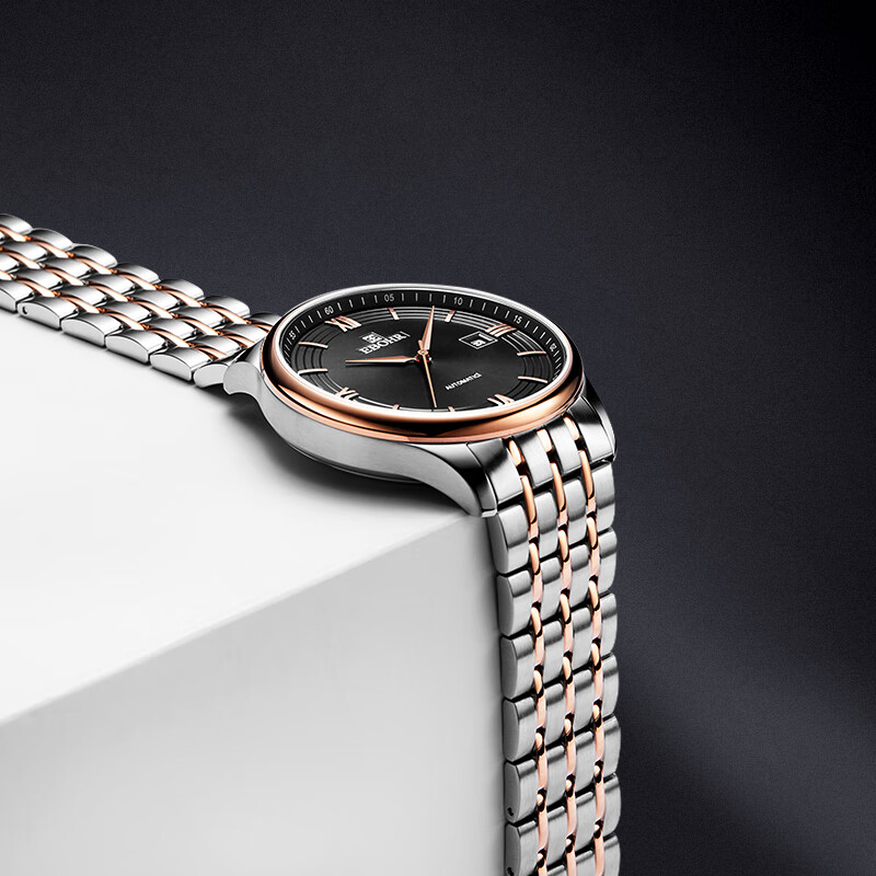 依波表(EBOHR)大师系列男士自动机械表商务国表百搭防水实心钢带手表送男友礼物 玫金框黑盘 50870110高清大图