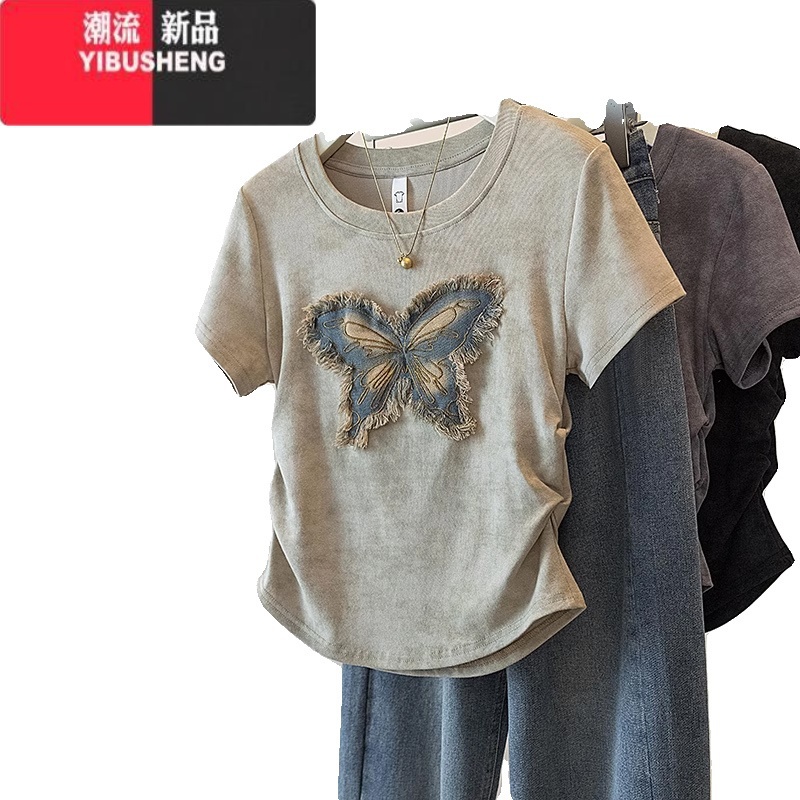 YIBUSHENG大码女装胖妹妹短袖T恤季新款遮肉显瘦正肩独特别致欧货小上衣高清大图