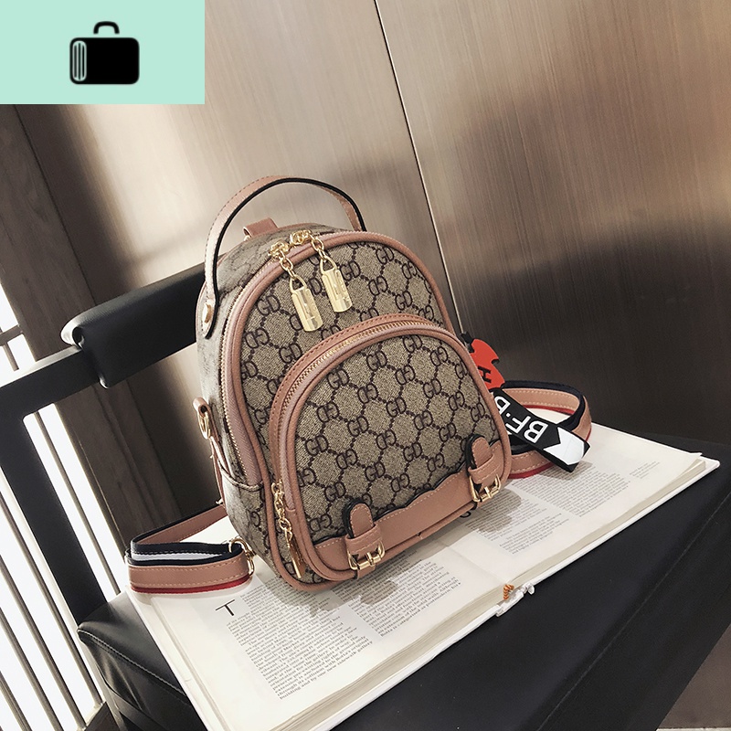 2020新款印花双肩包多用彩带女包休闲百搭单肩包旅行包女士手提包NEW LAKE 浅粉色