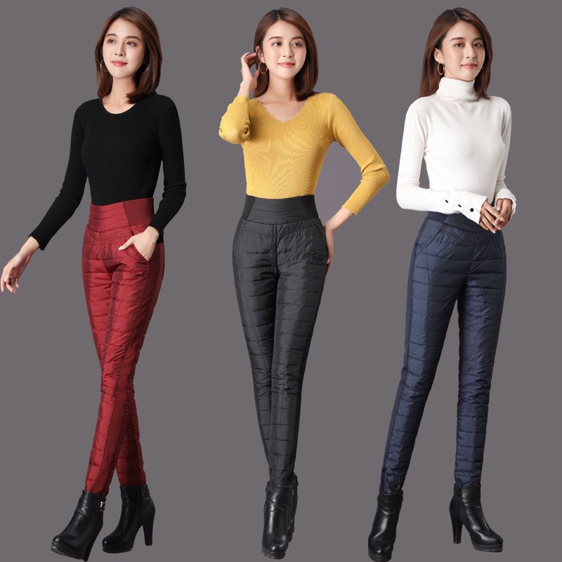 冬季羽绒棉裤女外穿高腰修身显瘦大码加厚保暖双面弹力棉裤铅笔