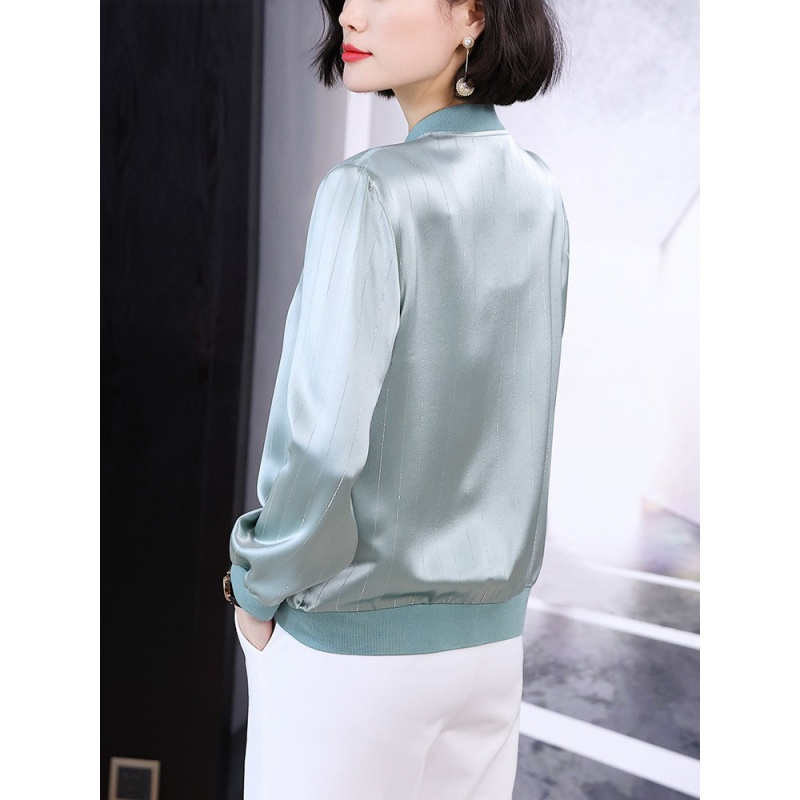 小样传奇缎面条纹棒球服2024春装新款女休闲夹克衫垂感开衫纯色短外套