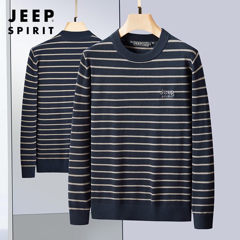JEEP SPIRIT吉普男士毛衣百搭冬季新款针织圆领上衣宽松间色条纹舒适棉套头衫高清大图