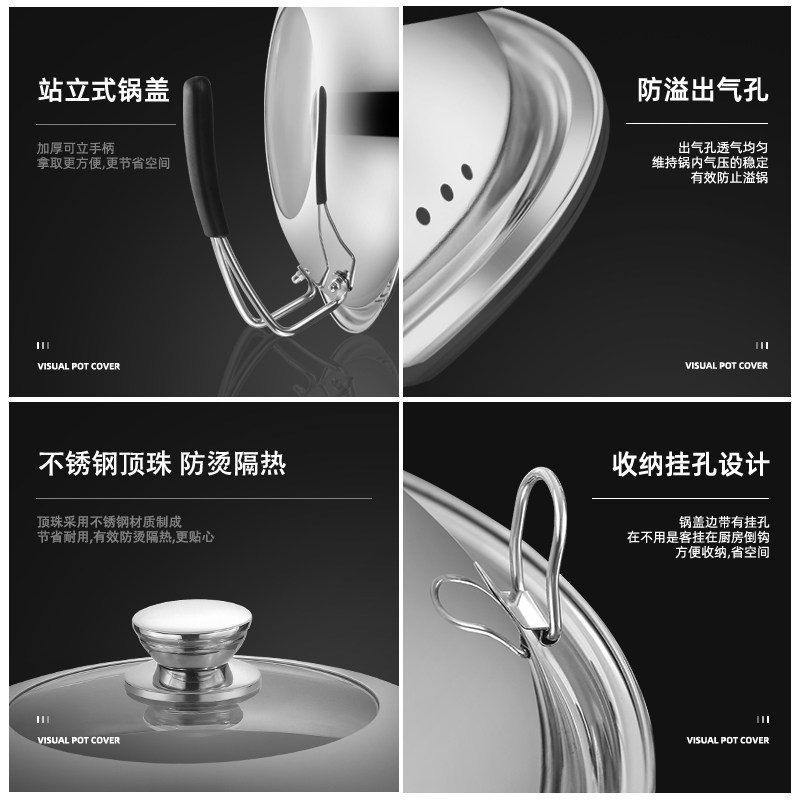 不锈钢锅盖玻璃钢化透明家用炒菜锅盖子圆形30cm32cm 37cm(不锈钢把手)4MM加厚款