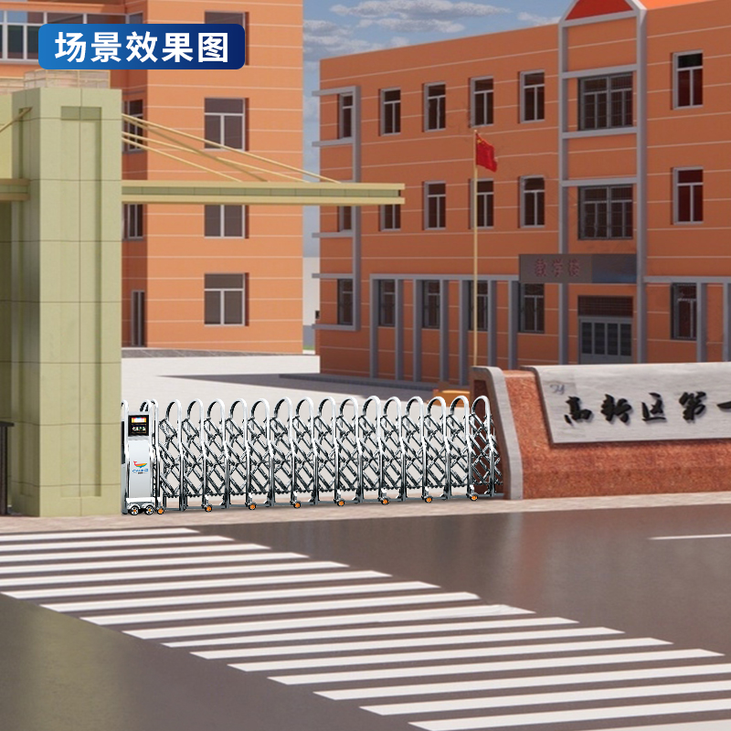 CJ-SSM023 智能不锈钢伸缩门学校小区工厂电动大门推拉门商业办公大门酒店家具电动门高清大图