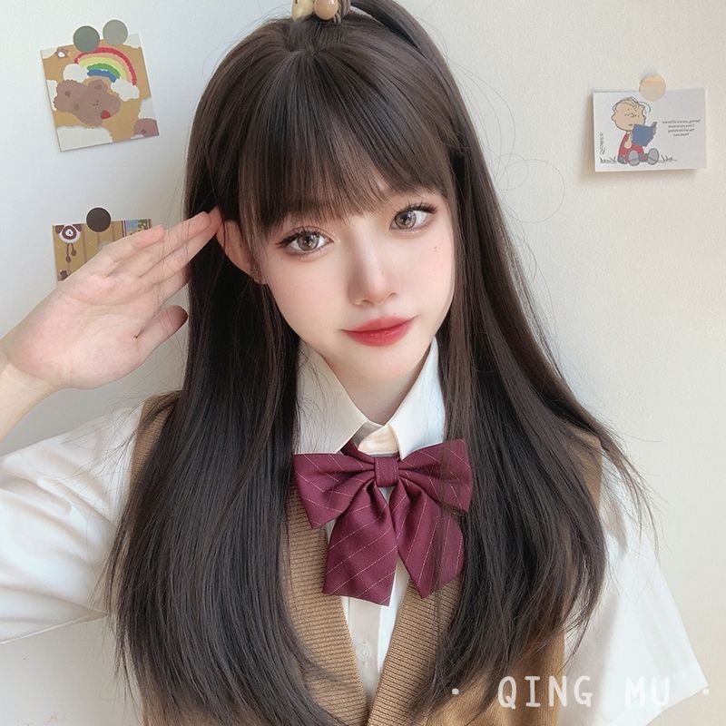 假发女长发jk日常黑长直全头套式 lolita假发中长发圆脸可爱 模特款[黑茶色]送五件套