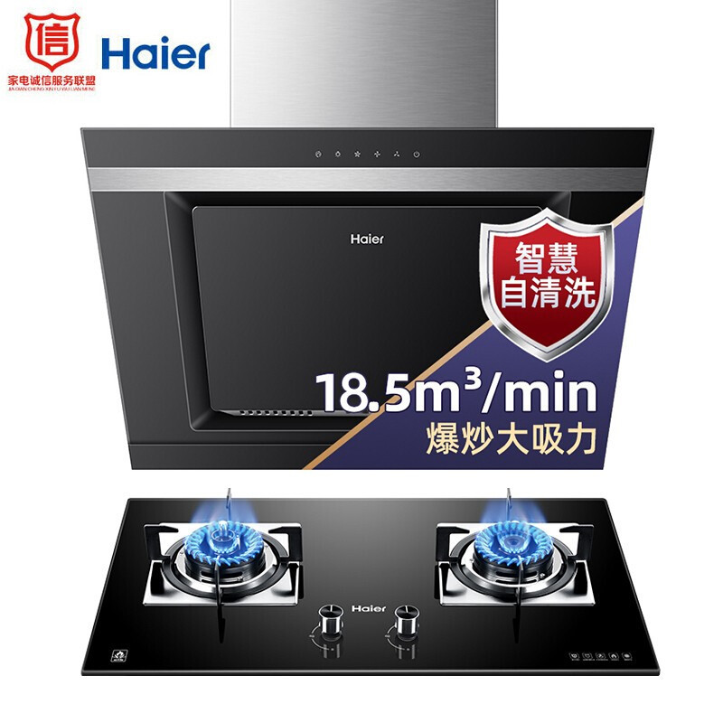 海尔(Haier)侧吸式抽油烟机家用 大吸力 智慧自清洗 燃气灶具 智能防干烧 烟灶套装C6J+QE9B1(液化气)