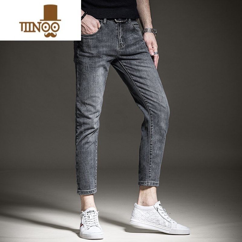 YANXU夏季薄款九分男士牛仔裤修身小脚直筒休闲弹力长裤子潮流韩九高清大图