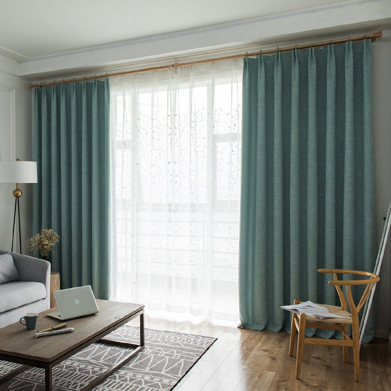 京城派 纯色窗帘加厚遮光纯色棉麻窗帘布料简约现代客厅卧室定制成品窗帘 简约-湖蓝 定制每米价格（挂钩款）