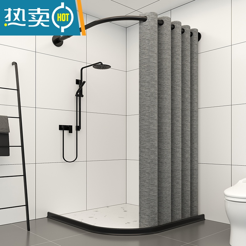 敬平大环防水浴帘套装免打孔浴室磁帘加厚卫生间淋浴隔断弧帘 大环浴帘亚麻灰黑色套装 墙宽75cm*75cm挡水条140+伸缩弧杆A款+磁性帘+绑