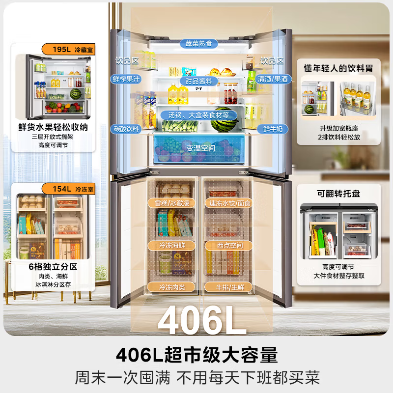 [苏宁自营]美的冰箱出品华凌406L十字双开门对开多门四门冰箱61cm超薄家用电冰箱一级能效HR-426WSP高清大图