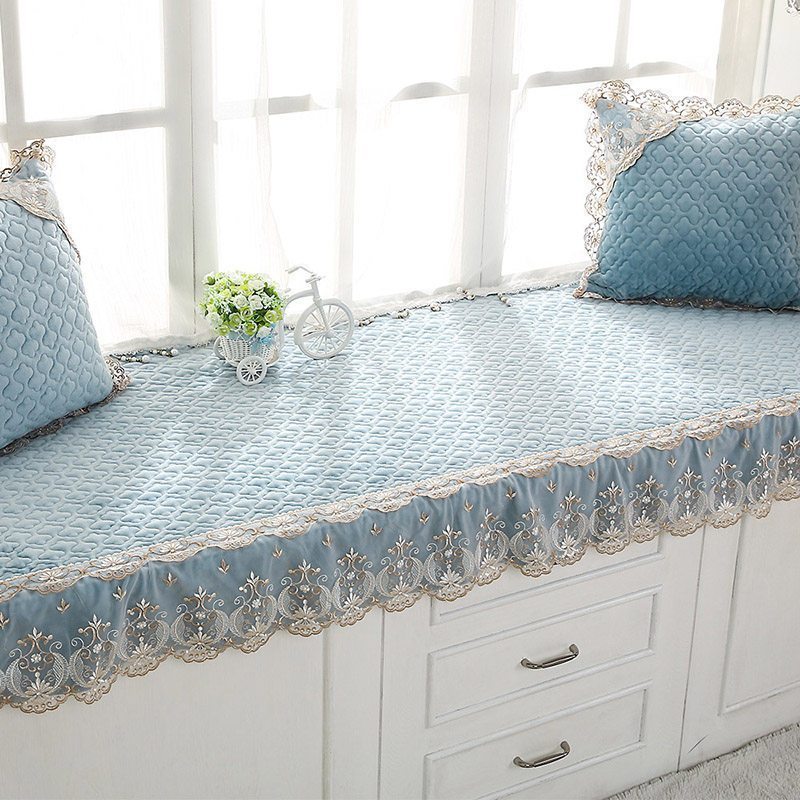 汐岩窗台垫北欧飘窗垫四季卧室飘窗榻榻米垫可机洗公主房阳台垫子定做 昔云-蓝色(100宽+15裙摆)*180cm长