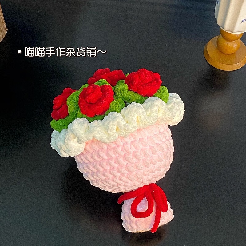手工编织冰条线手捧玫瑰花束成品自制钩织材料情人节礼物520女品高清大图