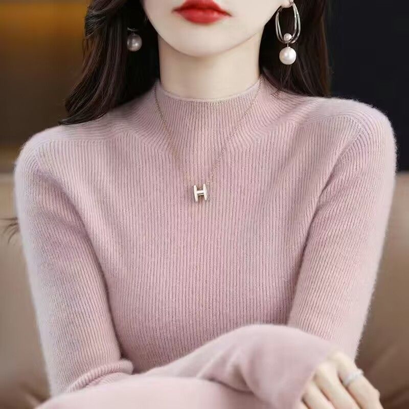 毛衫女秋冬新款半高领毛衣宽松纯色打底线衣针织衫 2XL 粉色