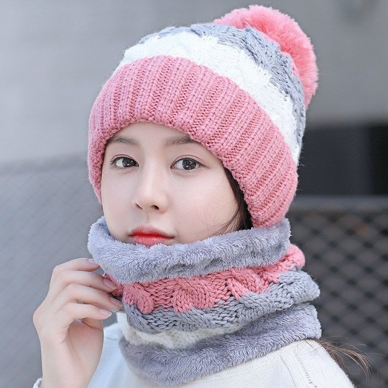 帽子女冬季韩版百搭加绒毛线帽女士时尚保暖针织帽防寒护耳围脖潮