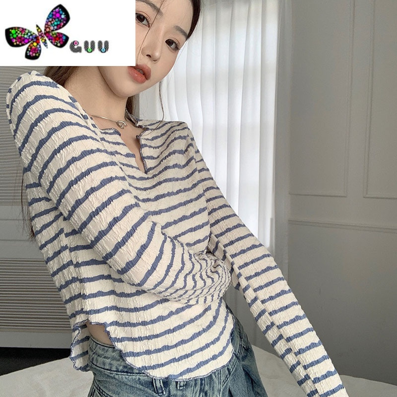 语娄条纹撞色打底衫女早秋新款内搭纯欲辣妹v领修身长袖弧形下摆上衣