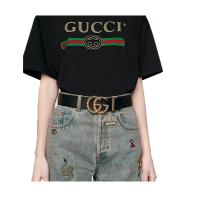 [直营]GUCCI 古驰 女士双G搭扣皮革腰带 黑色-524105AP00G1000