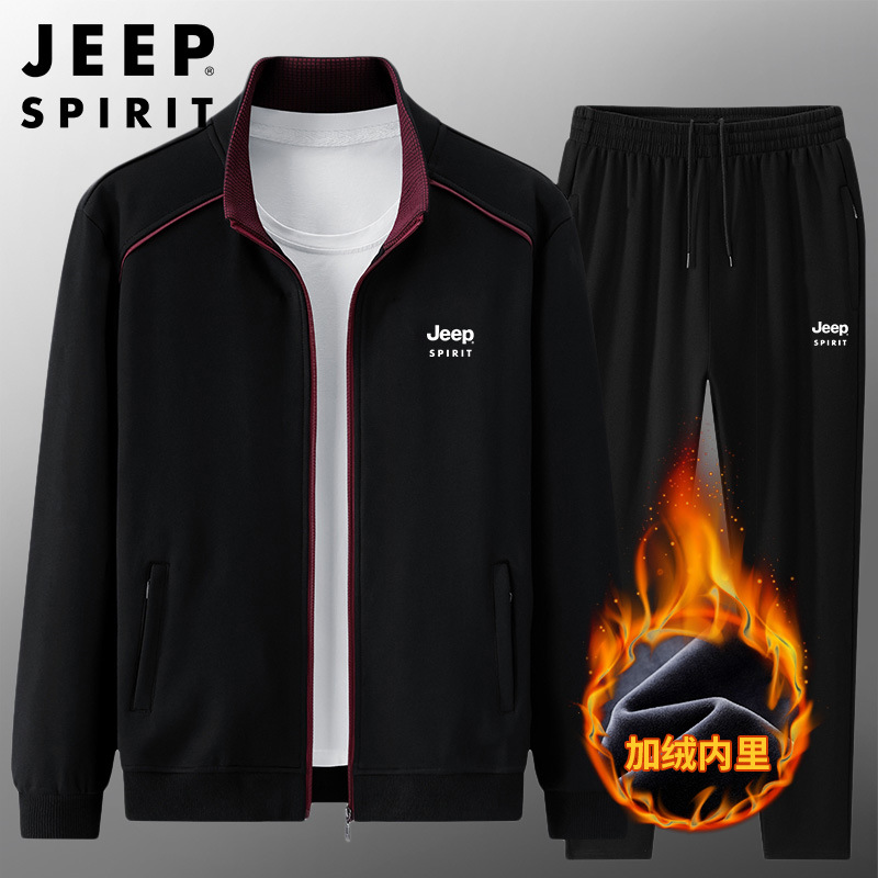 JEEPSPIRIT冬季加绒加厚休闲套装男开衫外套运动两件 3XL 黑色