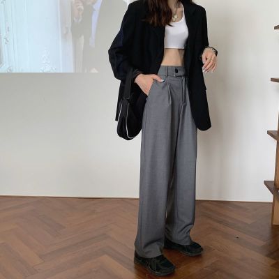 宽松阔腿裤春夏2021新款韩版chic高腰休闲裤女显瘦百搭直筒西装裤 灰色 S