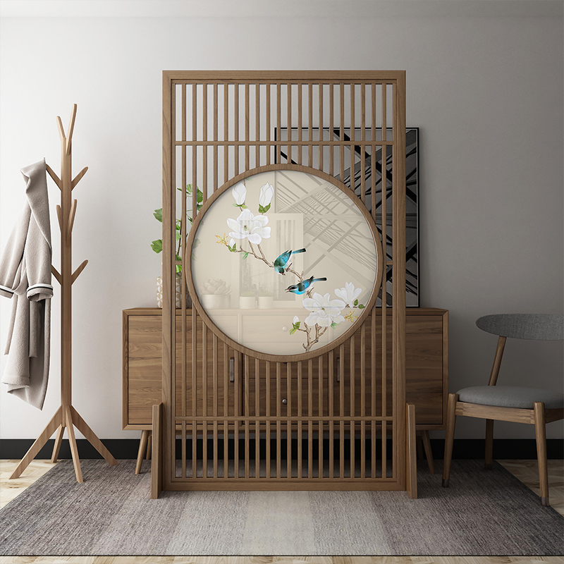 BONJEAN新中式屏风隔断客厅玄关茶室实木镂空座屏简约现代时尚装饰花鸟高清大图
