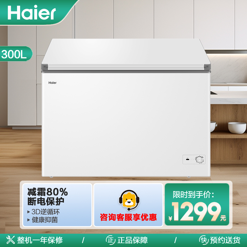 海尔(Haier)300升家用卧式冰柜 冷柜 减霜80% BC/BD-300GHD[02]