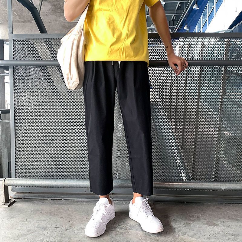 青少年裤子男春夏季学生韩版阔腿裤男宽松九分裤直筒百搭休闲裤子 K98黑色 S [80-95斤]