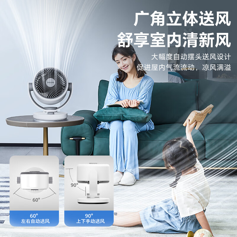 飞利浦(PHILIPS)电风扇家用空气循环扇大风量桌面台式电扇摇头小风扇循环对流换气扇轻音节能落地扇ACR2122DA白高清大图