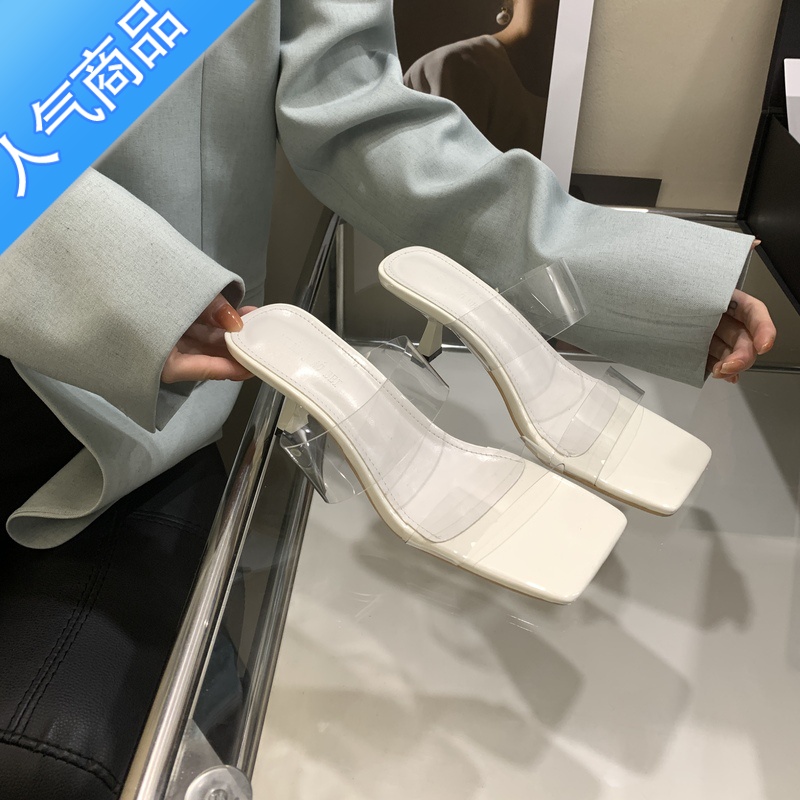 SUNTEK轻熟风透明高跟凉鞋女显瘦2023夏季外穿新款细跟中跟一字方头拖鞋高清大图