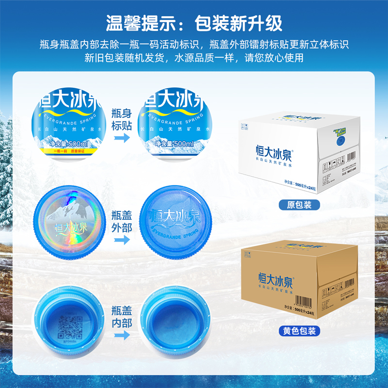 恒大冰泉 长白山饮用天然弱碱性矿泉水 500ml*24瓶