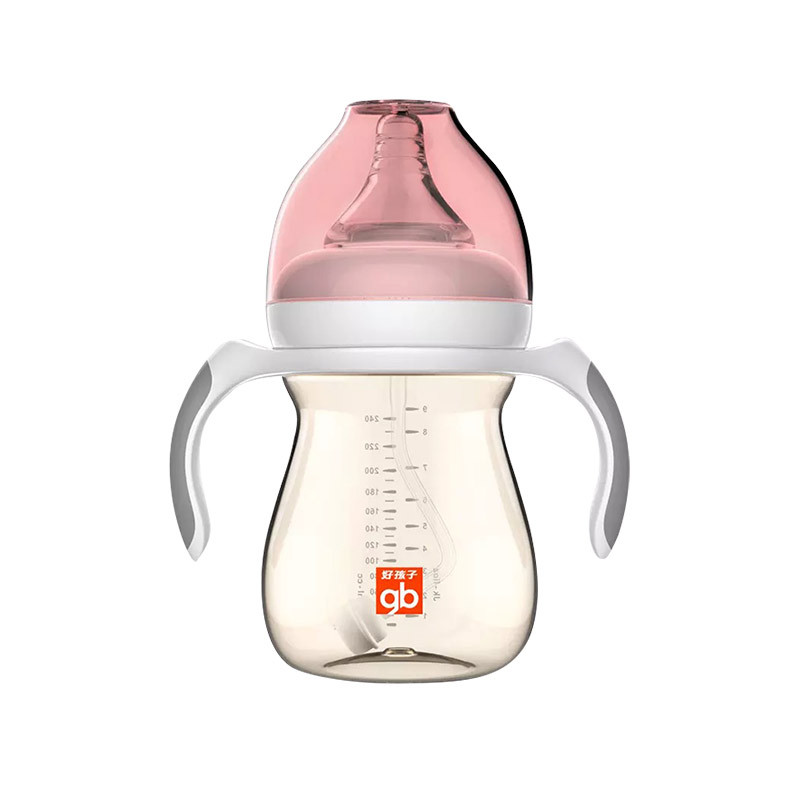 gb好孩子 母乳实感 宽口径 握把吸管 PPSU奶瓶 240ml-粉红(小饿魔系列) 十字孔奶嘴