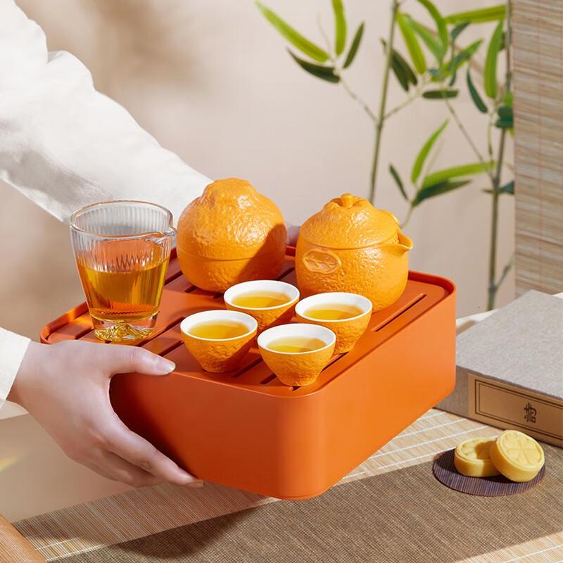 共禾京品(JINGREPUBLIC)开橘好运旅行茶具套装便携泡茶壶户外露营陶瓷茶杯7件套-一壶3杯高清大图