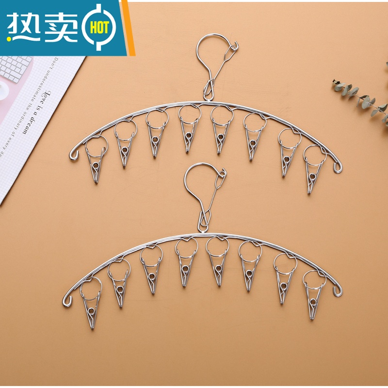 敬平强力防风夹子不锈钢晒衣服夹子家用晾衣夹多功能内衣袜子衣架 2支装-10夹-防风勾高清大图