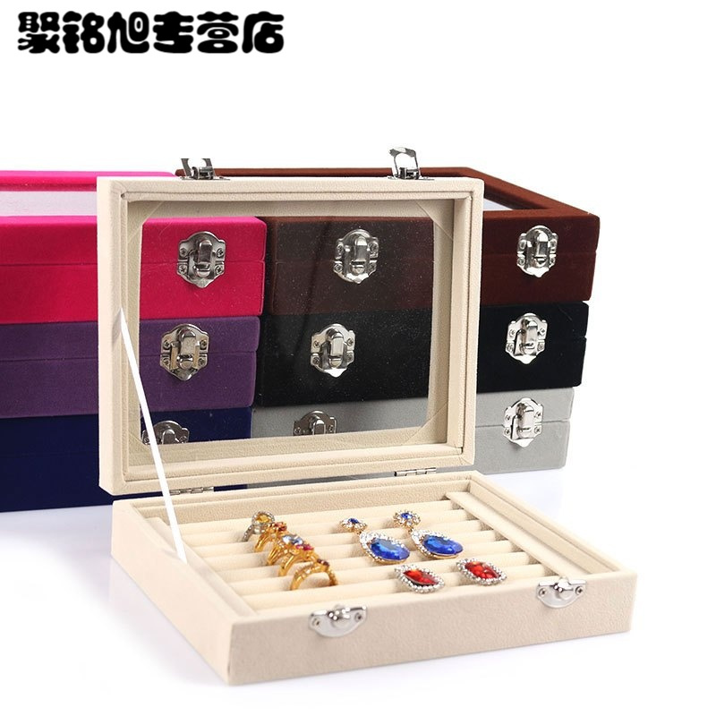 带盖绒布小号珠宝箱戒指盘耳钉耳环盘首饰盒项链手链首饰收纳首饰盒子板扣可视收纳盒子饰品戒指项链夹收纳盒子