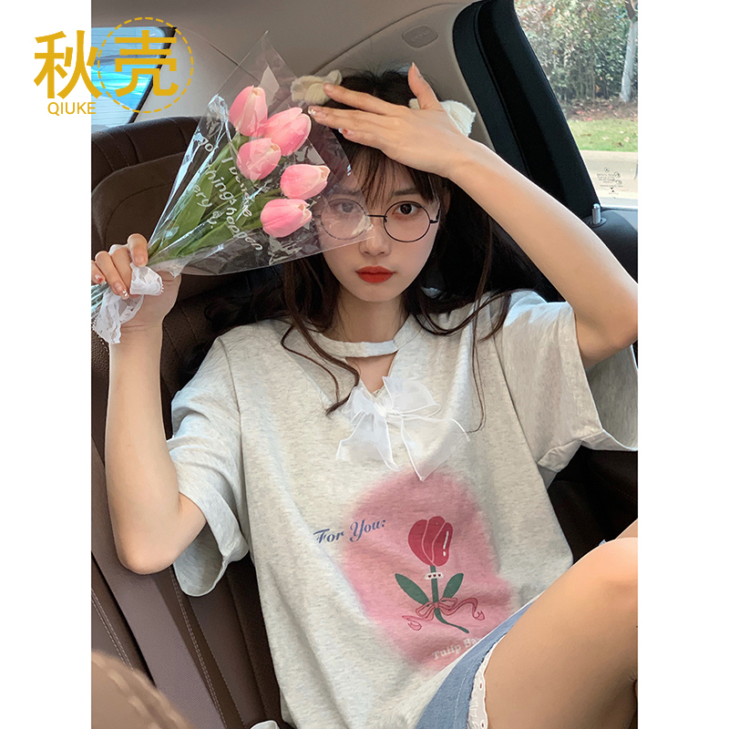 秋壳少女腮红短袖t恤女夏新款甜美可爱印花蕾丝蝴蝶结学生上衣ins