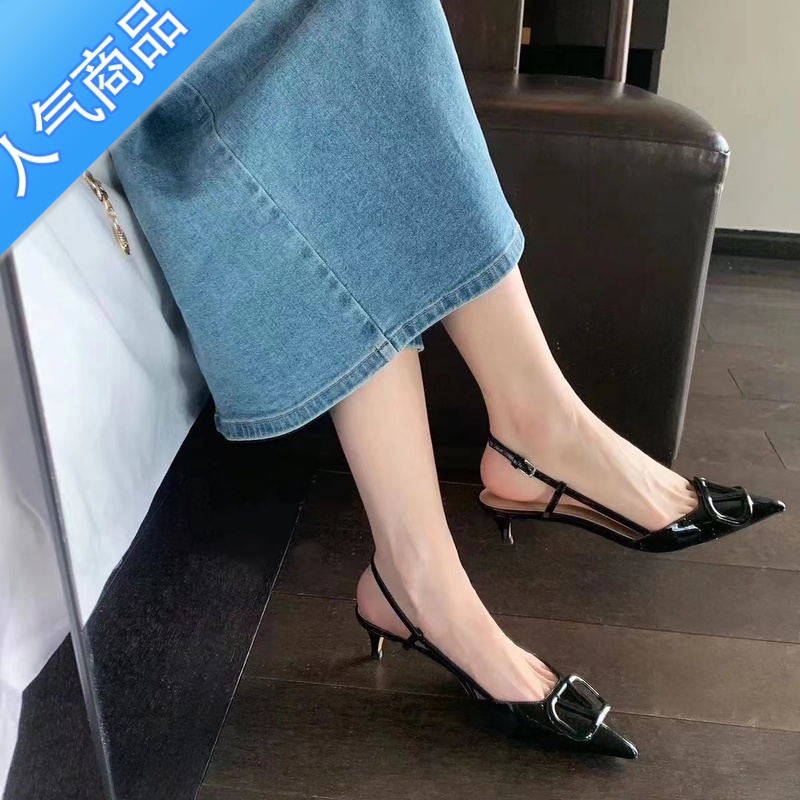 SUNTEK高跟鞋女2023年新款气质斩男细跟尖头一字带绝美凉鞋裸色女鞋v扣高清大图