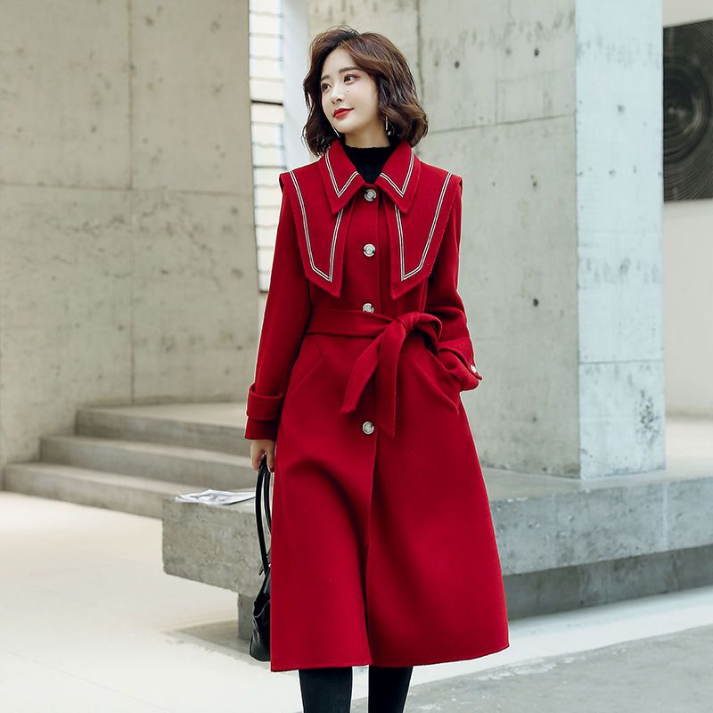 酒红色毛呢外套女秋冬装长款海军领气质赫本风呢子大衣收腰显瘦