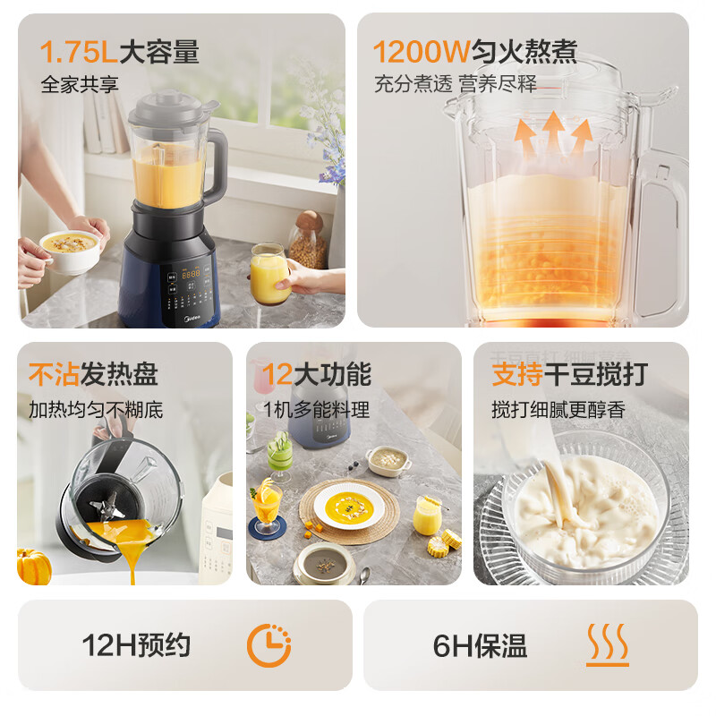 美的(Midea)破壁机家用多功能全自动豆浆机 1.75L预约加热早餐榨汁料理机3-5人 MJ-PB40F254F高清大图