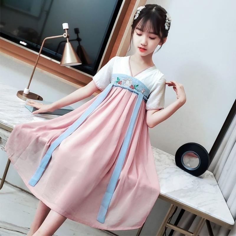 超仙夏仙女裙中国风夏季仙女裙古风裙子古装衣服女儿童 粉红公主裙