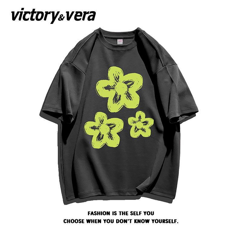 VICTORYVERA设计感花朵印花T恤女ins风盐系纯棉短袖夏季新款上衣