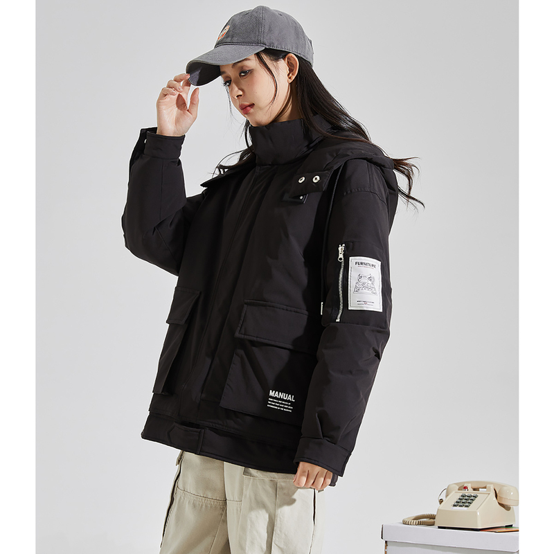 唐狮黑色棉服女冬季新款ins潮流工装风棉衣连帽加厚棉袄外套
