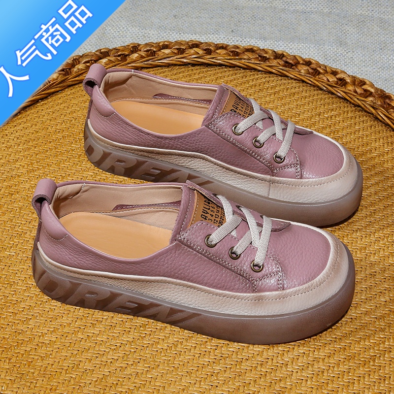 SUNTEK头层小白鞋女2023春夏新款复古休闲平底鞋百搭一脚蹬软底板鞋高清大图