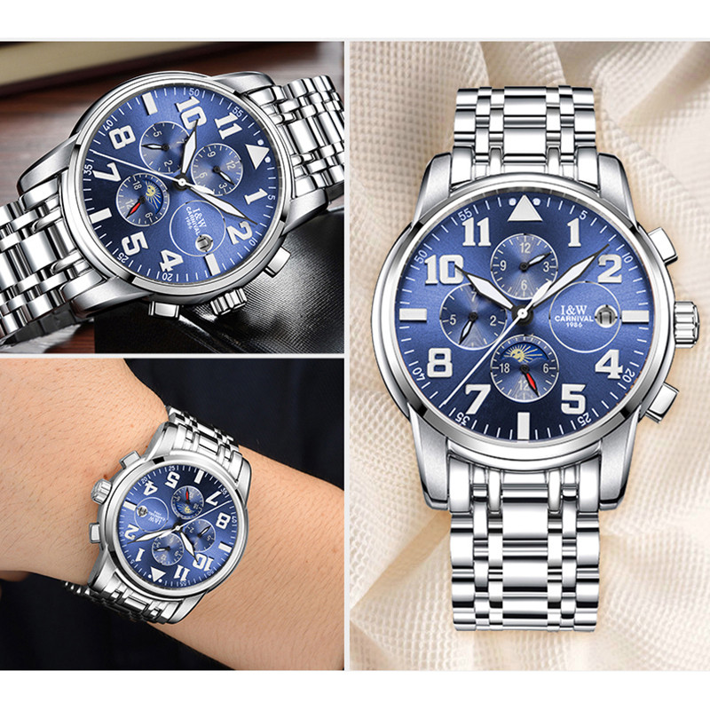 瑞士嘉年华Carnival精钢手表男表全自动机械表 男士时尚潮流腕表夜光防水休闲商务大表盘多功能小三针设计新款8761高清大图
