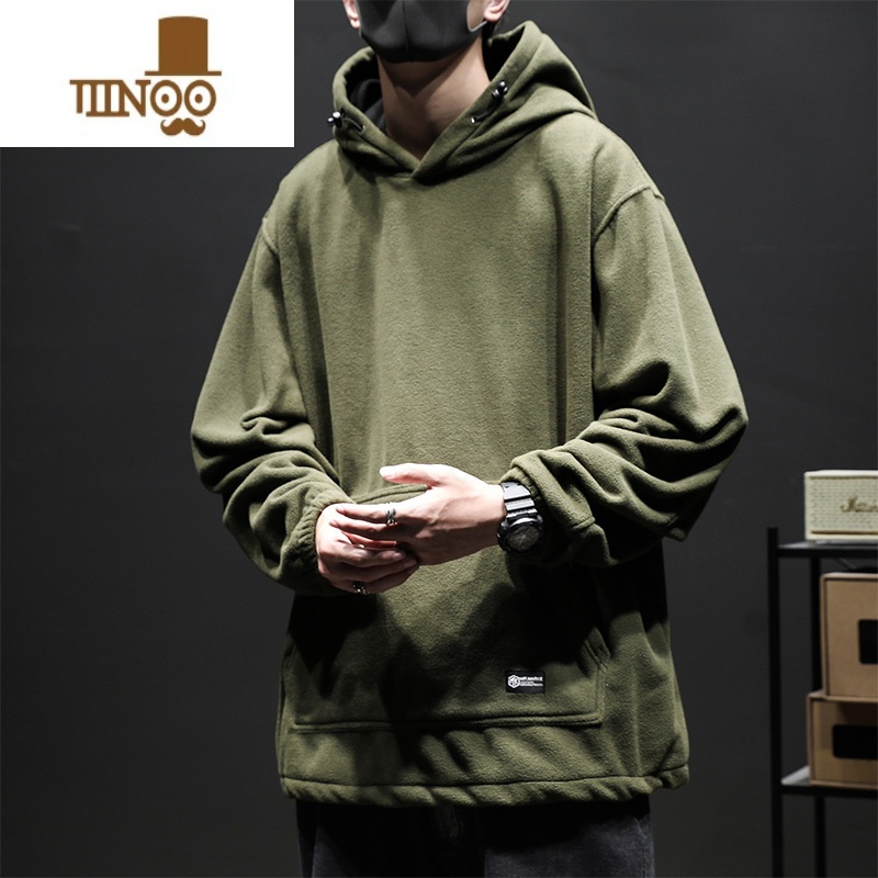 YANXU款摇粒绒圆领连帽卫衣男加绒加厚宽松大码套头复古长袖外套A高清大图