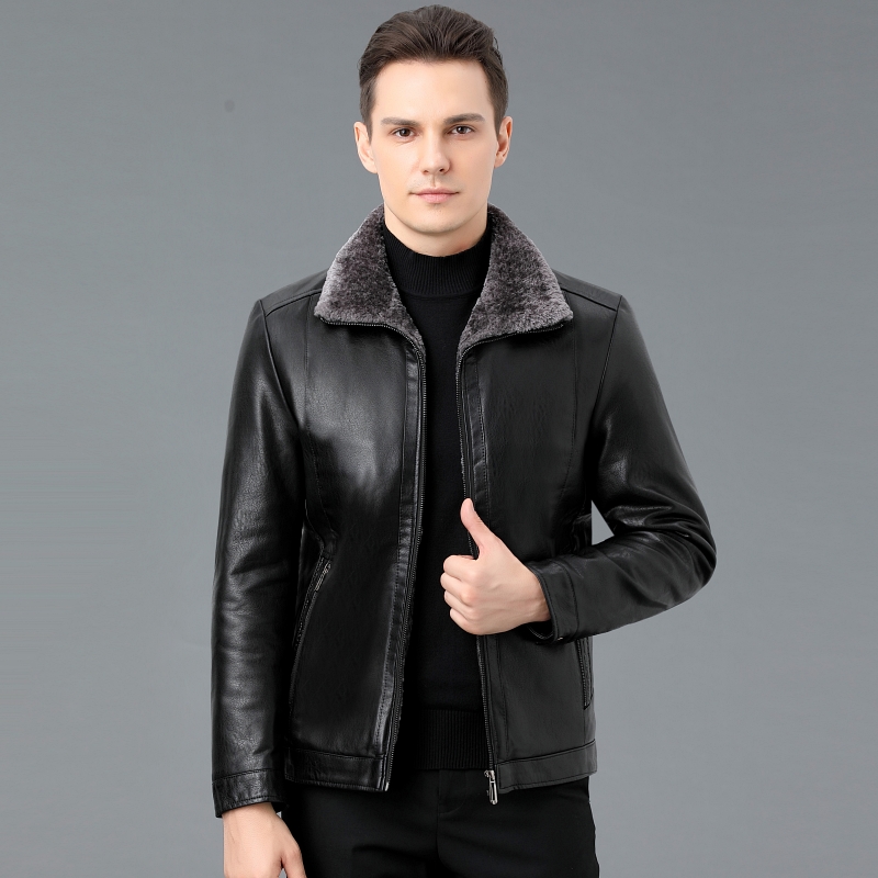 掉皮包换 加绒加厚海宁真皮皮衣男皮毛一体外套羊羔毛皮草男装毛领防寒服大衣中年皮夹克男中年皮夹克男冬装外套爸爸装加厚高清大图